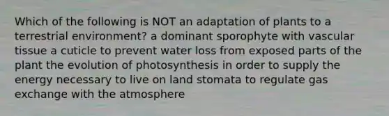 Which of the following is NOT an adaptation of plants to a terrestrial environment? a dominant sporophyte with <a href='https://www.questionai.com/knowledge/k1HVFq17mo-vascular-tissue' class='anchor-knowledge'>vascular tissue</a> a cuticle to prevent water loss from exposed parts of the plant the evolution of photosynthesis in order to supply the energy necessary to live on land stomata to regulate <a href='https://www.questionai.com/knowledge/kU8LNOksTA-gas-exchange' class='anchor-knowledge'>gas exchange</a> with the atmosphere