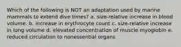 Which of the following is NOT an adaptation used by marine mammals to extend dive times? a. size-relative increase in blood volume. b. increase in erythrocyte count c. size-relative increase in lung volume d. elevated concentration of muscle myoglobin e. reduced circulation to nonessential organs