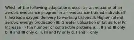 Which of the following adaptations occur as an outcome of an aerobic endurance program in an endurance-trained individual? I: Increase oxygen delivery to working tissues II: Higher rate of aerobic energy production III: Greater utilization of fat as fuel IV: Increase in the number of contractile proteins a. I, II and III only b. II and III only c. II, III and IV only d. I and II only