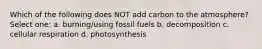 Which of the following does NOT add carbon to the atmosphere? Select one: a. burning/using fossil fuels b. decomposition c. cellular respiration d. photosynthesis