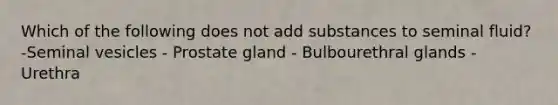 Which of the following does not add substances to seminal fluid? -Seminal vesicles - Prostate gland - Bulbourethral glands - Urethra