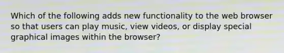 Which of the following adds new functionality to the web browser so that users can play music, view videos, or display special graphical images within the browser?