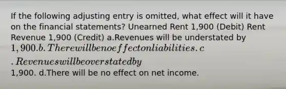 If the following adjusting entry is omitted, what effect will it have on the financial statements? Unearned Rent 1,900 (Debit) Rent Revenue 1,900 (Credit) a.Revenues will be understated by 1,900. b.There will be no effect on liabilities. c.Revenues will be overstated by1,900. d.There will be no effect on net income.