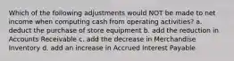 Which of the following adjustments would NOT be made to net income when computing cash from operating activities? a. deduct the purchase of store equipment b. add the reduction in Accounts Receivable c. add the decrease in Merchandise Inventory d. add an increase in Accrued Interest Payable