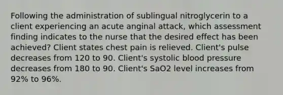 Following the administration of sublingual nitroglycerin to a client experiencing an acute anginal attack, which assessment finding indicates to the nurse that the desired effect has been achieved? Client states chest pain is relieved. Client's pulse decreases from 120 to 90. Client's systolic blood pressure decreases from 180 to 90. Client's SaO2 level increases from 92% to 96%.