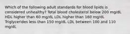 Which of the following adult standards for blood lipids is considered unhealthy? Total blood cholesterol below 200 mg/dL HDL higher than 60 mg/dL LDL higher than 160 mg/dL Triglycerides less than 150 mg/dL LDL between 100 and 110 mg/dL