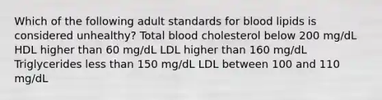 Which of the following adult standards for blood lipids is considered unhealthy? Total blood cholesterol below 200 mg/dL HDL higher than 60 mg/dL LDL higher than 160 mg/dL Triglycerides less than 150 mg/dL LDL between 100 and 110 mg/dL