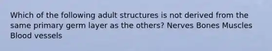 Which of the following adult structures is not derived from the same primary germ layer as the others? Nerves Bones Muscles Blood vessels