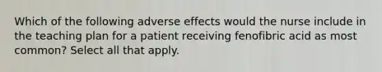 Which of the following adverse effects would the nurse include in the teaching plan for a patient receiving fenofibric acid as most common? Select all that apply.