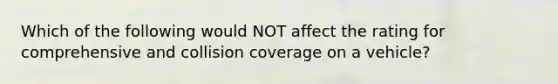 Which of the following would NOT affect the rating for comprehensive and collision coverage on a vehicle?