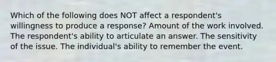 Which of the following does NOT affect a respondent's willingness to produce a response? Amount of the work involved. The respondent's ability to articulate an answer. The sensitivity of the issue. The individual's ability to remember the event.