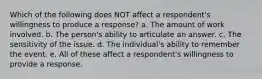 Which of the following does NOT affect a respondent's willingness to produce a response? a. The amount of work involved. b. The person's ability to articulate an answer. c. The sensitivity of the issue. d. The individual's ability to remember the event. e. All of these affect a respondent's willingness to provide a response.