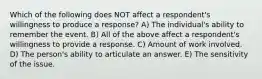 Which of the following does NOT affect a respondent's willingness to produce a response? A) The individual's ability to remember the event. B) All of the above affect a respondent's willingness to provide a response. C) Amount of work involved. D) The person's ability to articulate an answer. E) The sensitivity of the issue.