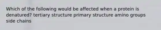 Which of the following would be affected when a protein is denatured? tertiary structure primary structure amino groups side chains