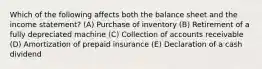 Which of the following affects both the balance sheet and the income statement? (A) Purchase of inventory (B) Retirement of a fully depreciated machine (C) Collection of accounts receivable (D) Amortization of prepaid insurance (E) Declaration of a cash dividend