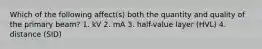 Which of the following affect(s) both the quantity and quality of the primary beam? 1. kV 2. mA 3. half-value layer (HVL) 4. distance (SID)