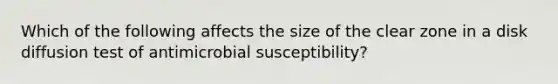 Which of the following affects the size of the clear zone in a disk diffusion test of antimicrobial susceptibility?