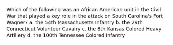 Which of the following was an African American unit in the Civil War that played a key role in the attack on South Carolina's Fort Wagner? a. the 54th Massachusetts Infantry b. the 29th Connecticut Volunteer Cavalry c. the 8th Kansas Colored Heavy Artillery d. the 100th Tennessee Colored Infantry