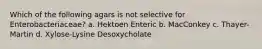 Which of the following agars is not selective for Enterobacteriaceae? a. Hektoen Enteric b. MacConkey c. Thayer-Martin d. Xylose-Lysine Desoxycholate