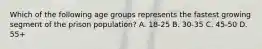 Which of the following age groups represents the fastest growing segment of the prison population? A. 18-25 B. 30-35 C. 45-50 D. 55+