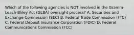 Which of the following agencies is NOT involved in the Gramm-Leach-Bliley Act (GLBA) oversight process? A. Securities and Exchange Commission (SEC) B. Federal Trade Commission (FTC) C. Federal Deposit Insurance Corporation (FDIC) D. Federal Communications Commission (FCC)