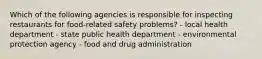 Which of the following agencies is responsible for inspecting restaurants for food-related safety problems? - local health department - state public health department - environmental protection agency - food and drug administration