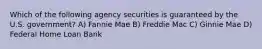 Which of the following agency securities is guaranteed by the U.S. government? A) Fannie Mae B) Freddie Mac C) Ginnie Mae D) Federal Home Loan Bank