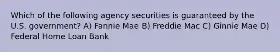 Which of the following agency securities is guaranteed by the U.S. government? A) Fannie Mae B) Freddie Mac C) Ginnie Mae D) Federal Home Loan Bank