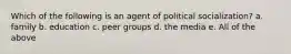 Which of the following is an agent of political socialization? a. family b. education c. peer groups d. the media e. All of the above