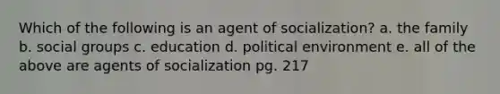 Which of the following is an agent of socialization? a. the family b. social groups c. education d. political environment e. all of the above are agents of socialization pg. 217