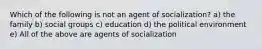 Which of the following is not an agent of socialization? a) the family b) social groups c) education d) the political environment e) All of the above are agents of socialization