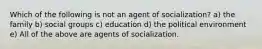 Which of the following is not an agent of socialization? a) the family b) social groups c) education d) the political environment e) All of the above are agents of socialization.