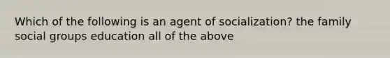 Which of the following is an agent of socialization? the family social groups education all of the above