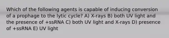 Which of the following agents is capable of inducing conversion of a prophage to the lytic cycle? A) X-rays B) both UV light and the presence of +ssRNA C) both UV light and X-rays D) presence of +ssRNA E) UV light