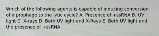 Which of the following agents is capable of inducing conversion of a prophage to the lytic cycle? A. Presence of +ssRNA B. UV light C. X-rays D. Both UV light and X-Rays E. Both UV light and the presence of +ssRNA