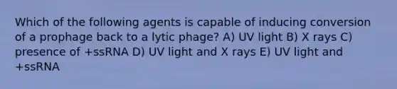 Which of the following agents is capable of inducing conversion of a prophage back to a lytic phage? A) UV light B) X rays C) presence of +ssRNA D) UV light and X rays E) UV light and +ssRNA