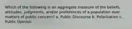 Which of the following is an aggregate measure of the beliefs, attitudes, judgments, and/or preferences of a population over matters of public concern? a. Public Discourse b. Polarization c. Public Opinion