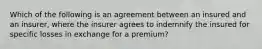 Which of the following is an agreement between an insured and an insurer, where the insurer agrees to indemnify the insured for specific losses in exchange for a premium?