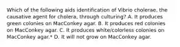 Which of the following aids identification of Vibrio cholerae, the causative agent for cholera, through culturing? A. It produces green colonies on MacConkey agar. B. It produces red colonies on MacConkey agar. C. It produces white/colorless colonies on MacConkey agar.* D. It will not grow on MacConkey agar.