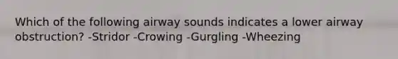 Which of the following airway sounds indicates a lower airway obstruction? -Stridor -Crowing -Gurgling -Wheezing