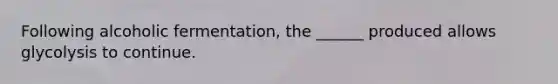 Following alcoholic fermentation, the ______ produced allows glycolysis to continue.
