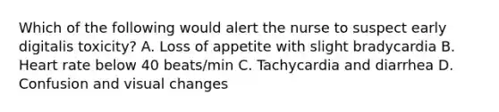 Which of the following would alert the nurse to suspect early digitalis toxicity? A. Loss of appetite with slight bradycardia B. Heart rate below 40 beats/min C. Tachycardia and diarrhea D. Confusion and visual changes