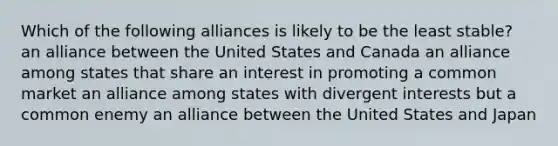 Which of the following alliances is likely to be the least stable? an alliance between the United States and Canada an alliance among states that share an interest in promoting a common market an alliance among states with divergent interests but a common enemy an alliance between the United States and Japan