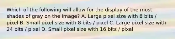 Which of the following will allow for the display of the most shades of gray on the image? A. Large pixel size with 8 bits / pixel B. Small pixel size with 8 bits / pixel C. Large pixel size with 24 bits / pixel D. Small pixel size with 16 bits / pixel