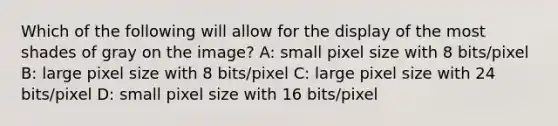 Which of the following will allow for the display of the most shades of gray on the image? A: small pixel size with 8 bits/pixel B: large pixel size with 8 bits/pixel C: large pixel size with 24 bits/pixel D: small pixel size with 16 bits/pixel