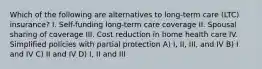 Which of the following are alternatives to long-term care (LTC) insurance? I. Self-funding long-term care coverage II. Spousal sharing of coverage III. Cost reduction in home health care IV. Simplified policies with partial protection A) I, II, III, and IV B) I and IV C) II and IV D) I, II and III