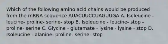 Which of the following amino acid chains would be produced from the mRNA sequence AUACUUCCUAGUUGA A. Isoleucine - leucine- proline- serine- stop B. Isoleucine - leucine- stop - proline- serine C. Glycine - glutamate - lysine - lysine - stop D. Isoleucine - alanine- proline- serine- stop