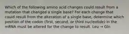 Which of the following amino acid changes could result from a mutation that changed a single base? For each change that could result from the alteration of a single base, determine which position of the codon (first, second, or third nucleotide) in the mRNA must be altered for the change to result. Leu → Gln