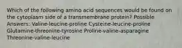 Which of the following amino acid sequences would be found on the cytoplasm side of a transmembrane protein? Possible Answers: Valine-leucine-proline Cysteine-leucine-proline Glutamine-threonine-tyrosine Proline-valine-asparagine Threonine-valine-leucine