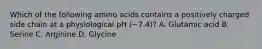 Which of the following amino acids contains a positively charged side chain at a physiological pH (~7.4)? A. Glutamic acid B. Serine C. Arginine D. Glycine